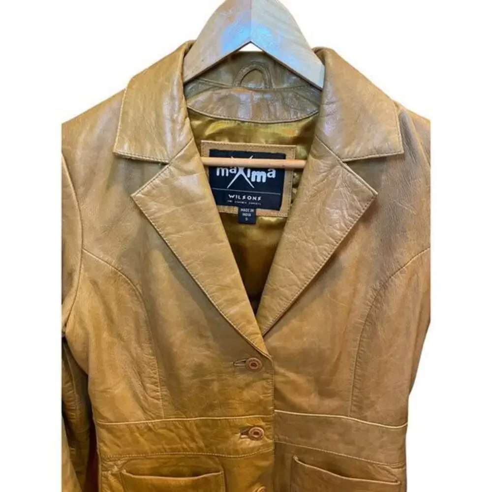 Vintage Wilson's Leather Maxima Camel Brown Button Biker Style Collared Jacket - Picture 2 of 16